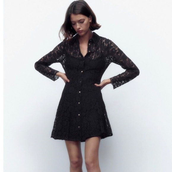 Zara Dresses & Skirts - Zara XS Black Lace Collared Mini Shirt Dress Gold Buttons Party